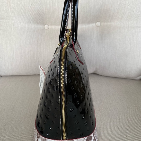 Arcadia Glossy Black and Textured Brown Satchel - Picture 3 of 12